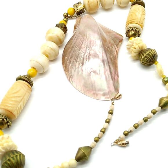 Artisan 4" MOP Shell Brass & Faux Bone Statement Necklace - Picture 10 of 15
